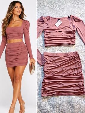 NWT Windsor Mauve Ruched Two Piece Set Square Neck Crop Top Mini Skirt Sz S💚